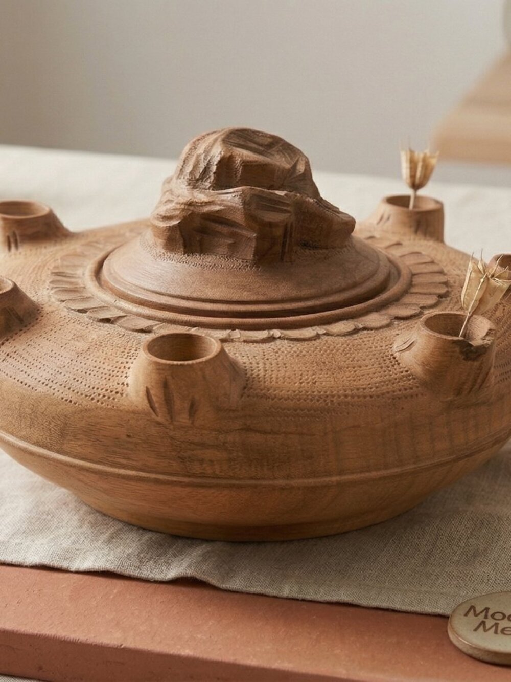 Hand Carved Wooden Tulip Vase with Turtle Lid | Rustic Boho Artisan Centerpiece